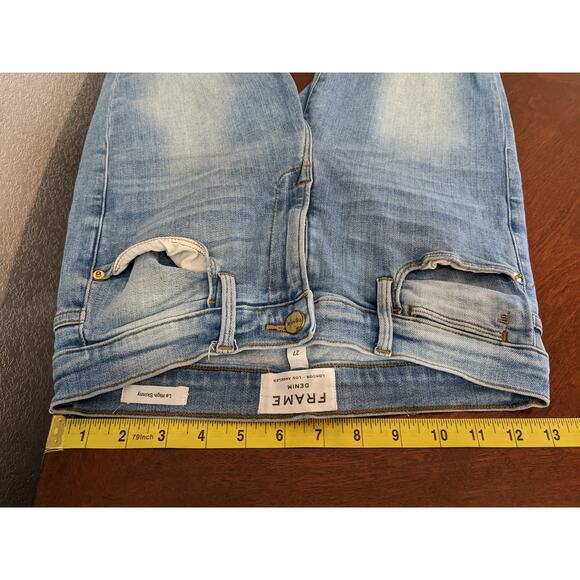 Frame Le High Skinny Jeans 27 Blue Distressed Denim Raw Hem Stretchy Mid Rise - Picture 10 of 14